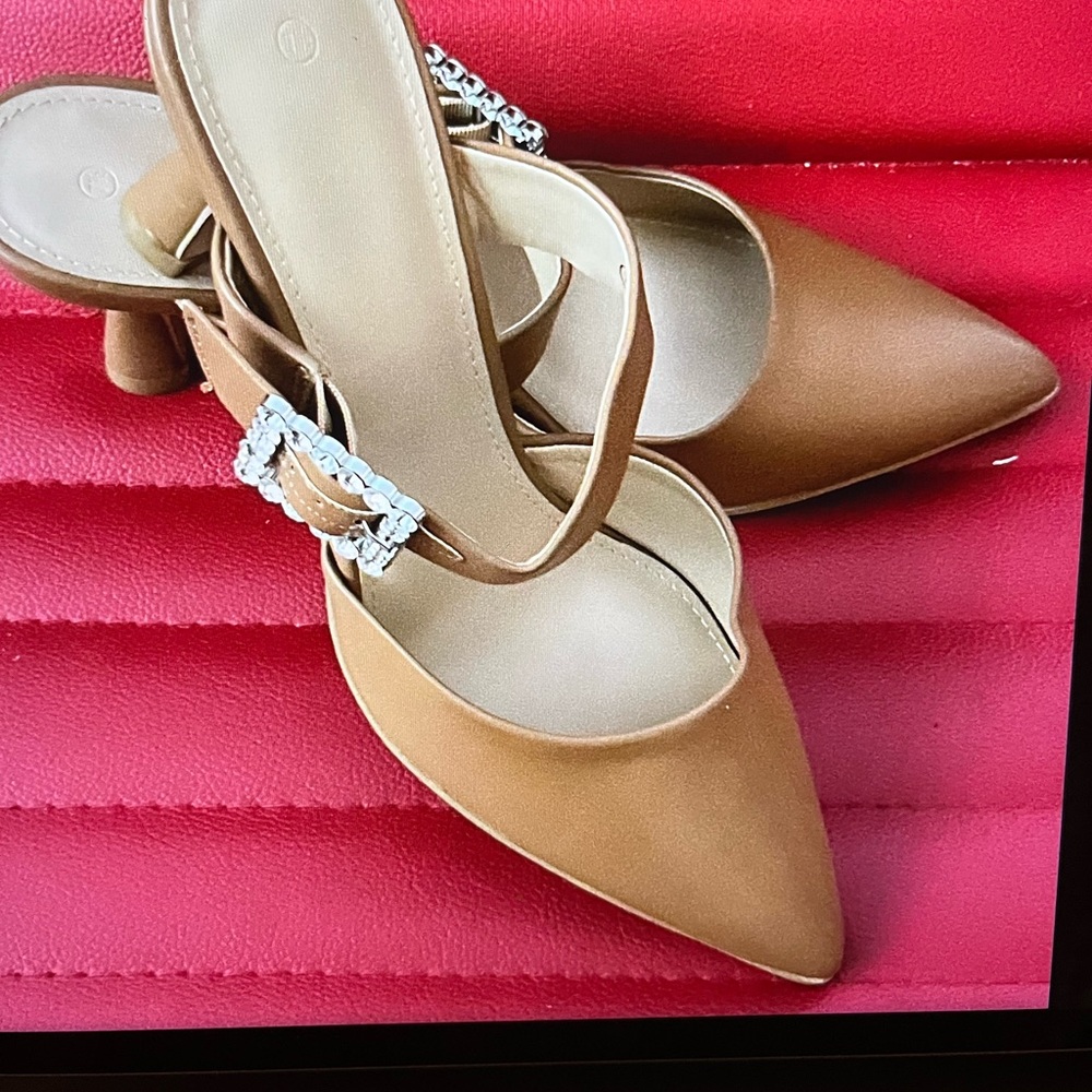 Tan Elegant Heels with Pointed Toe. 3”Heels shinny Material